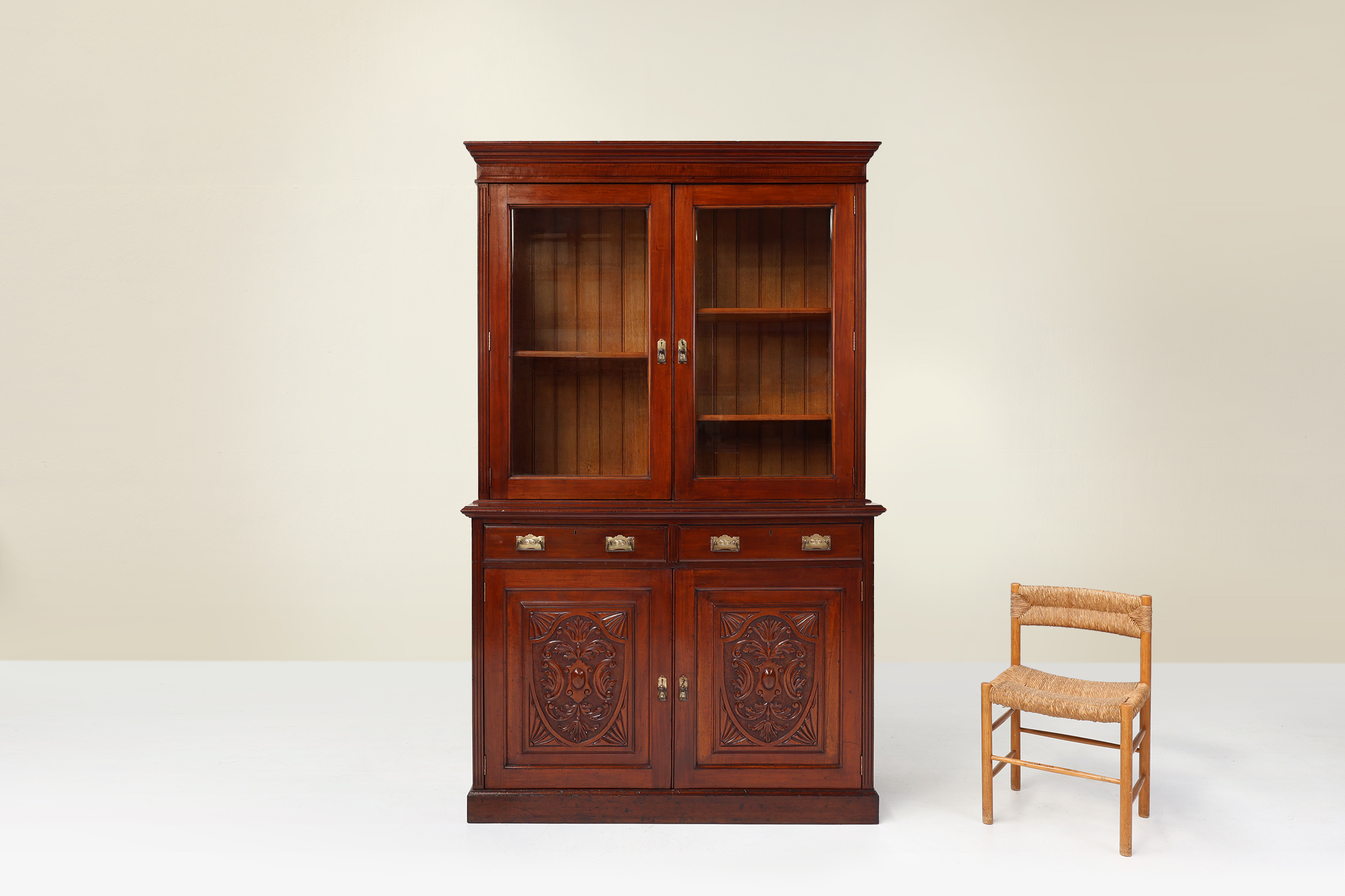 Art Nouveau Display Cabinet or Bookcase in oak with carvings and glass doorsthumbnail